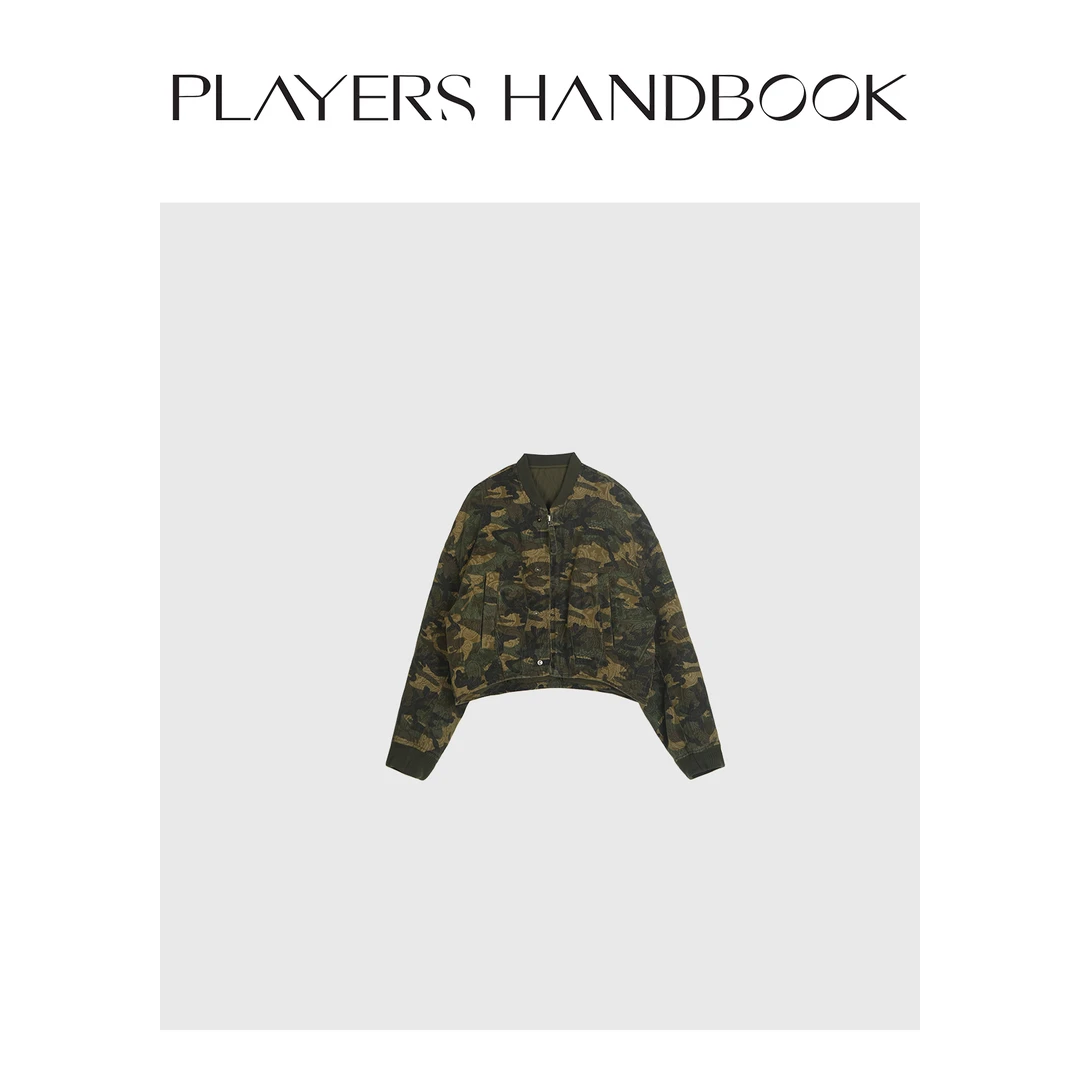 Players Handbook 浮雕暗纹腰果花时尚迷彩棒球廓形棉衣PH1626