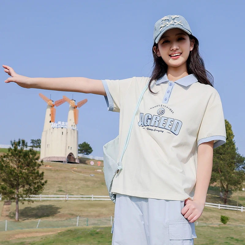 初中生夏季短袖T恤polo衫2025新款少女大童高中学生时尚上衣套装