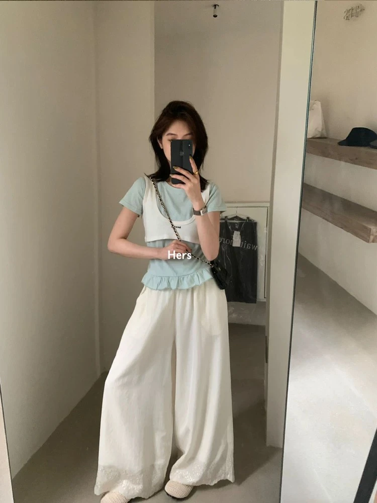 日系文艺风格刺绣花边阔腿裤春夏百搭休闲裤