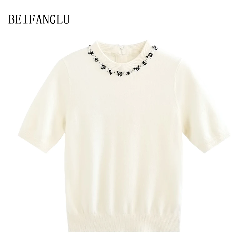 北方鹿 2025春夏新款圆领珠片绣减龄针织衫短袖百搭时尚女士2955