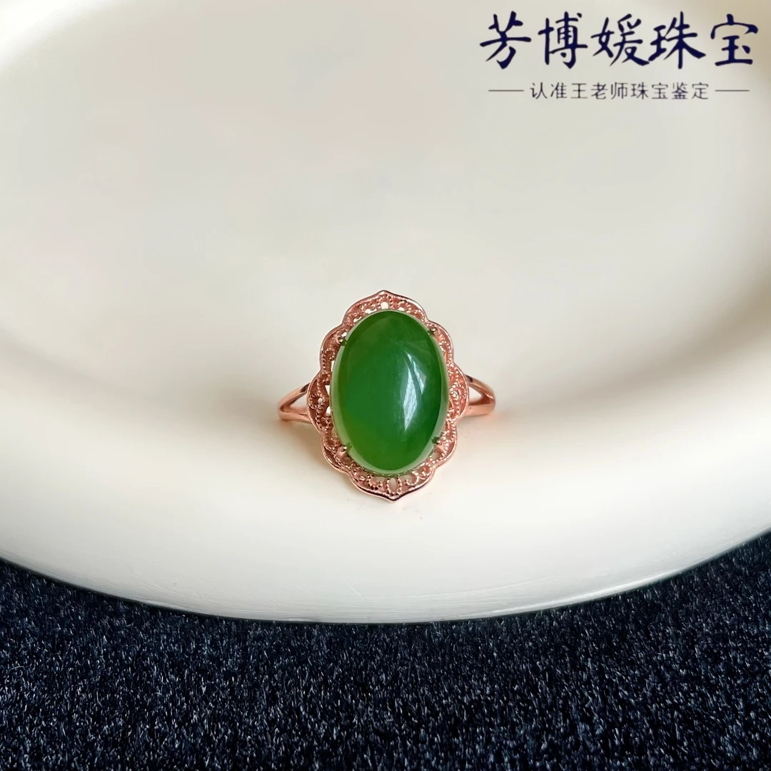 B042天然正宗和田玉俄七老料碧玉银镶精美气质戒指  多样性发其一