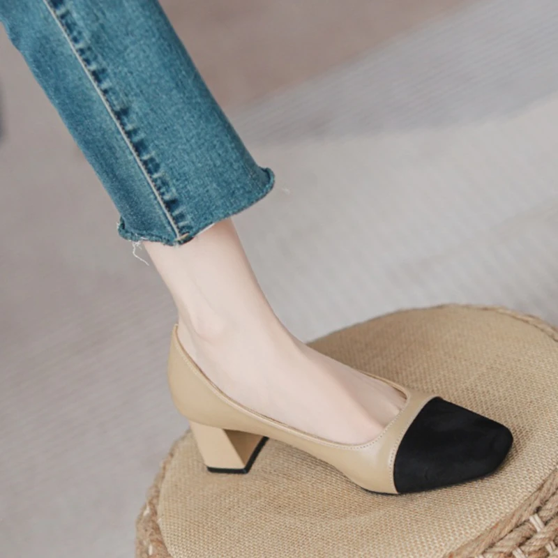 软皮拼色小香风粗跟单鞋女秋2025法式中跟浅口瓢鞋仙女法式高跟鞋