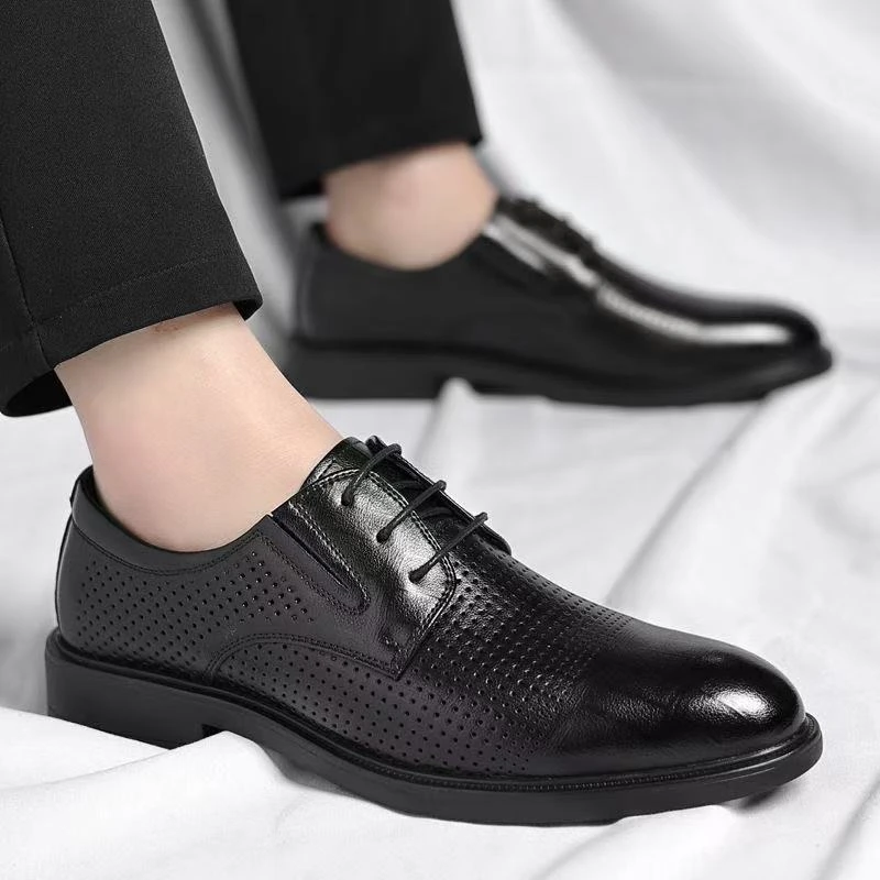 皮鞋男士增高鞋新款镂空透气软皮商务正装男款内增高德比鞋新郎鞋