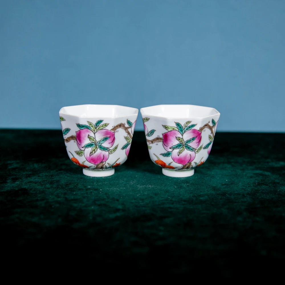 粉彩寿桃纹八棱杯一对FC-010443