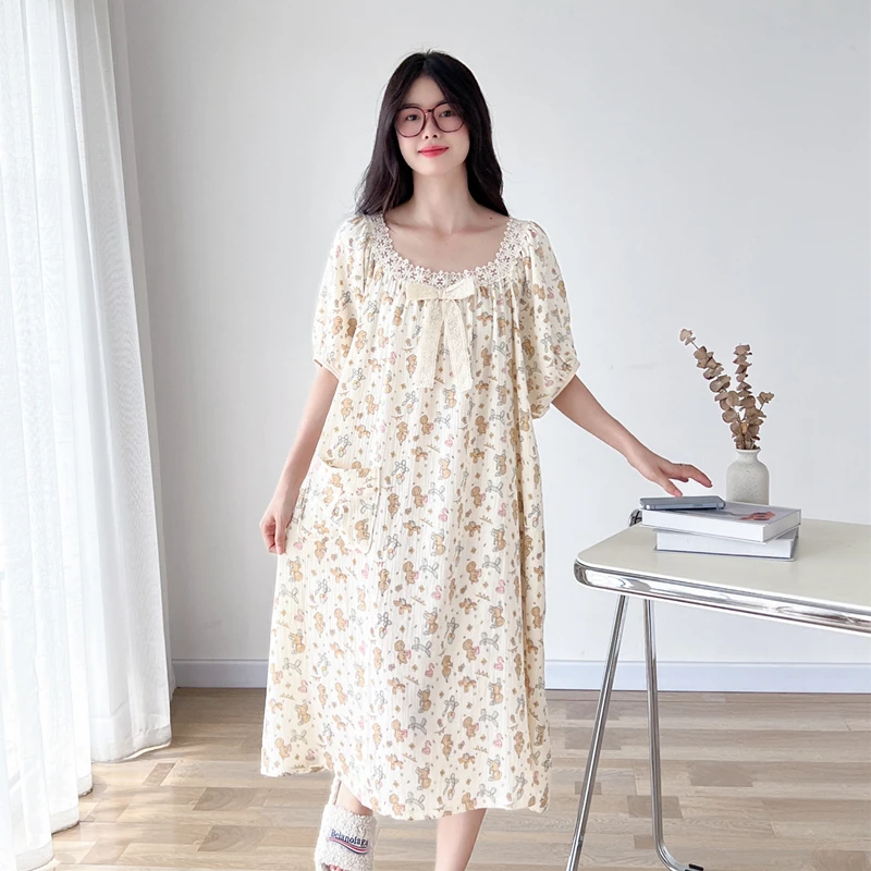 方领镂空花边纯棉纱布大码睡裙女夏短袖胖mm200斤甜美睡衣家居服