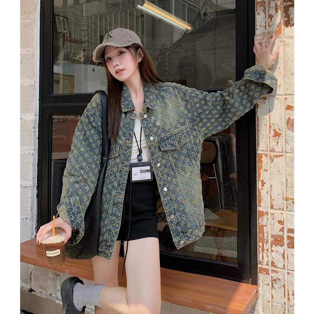 2025秋季美式复古提花牛仔外套女甜酷辣妹风慵懒感休闲夹克牛仔衣