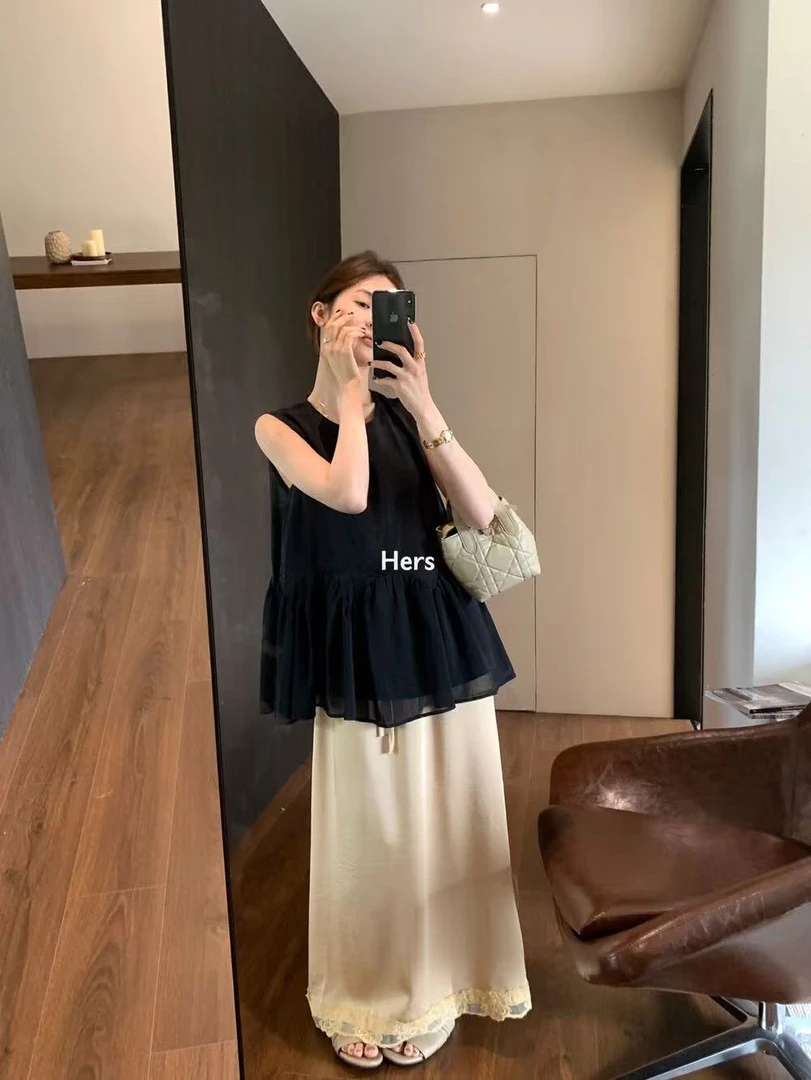 【全额运补】034韩系简约圆领气质无袖拼接下摆背心设计感时尚上衣