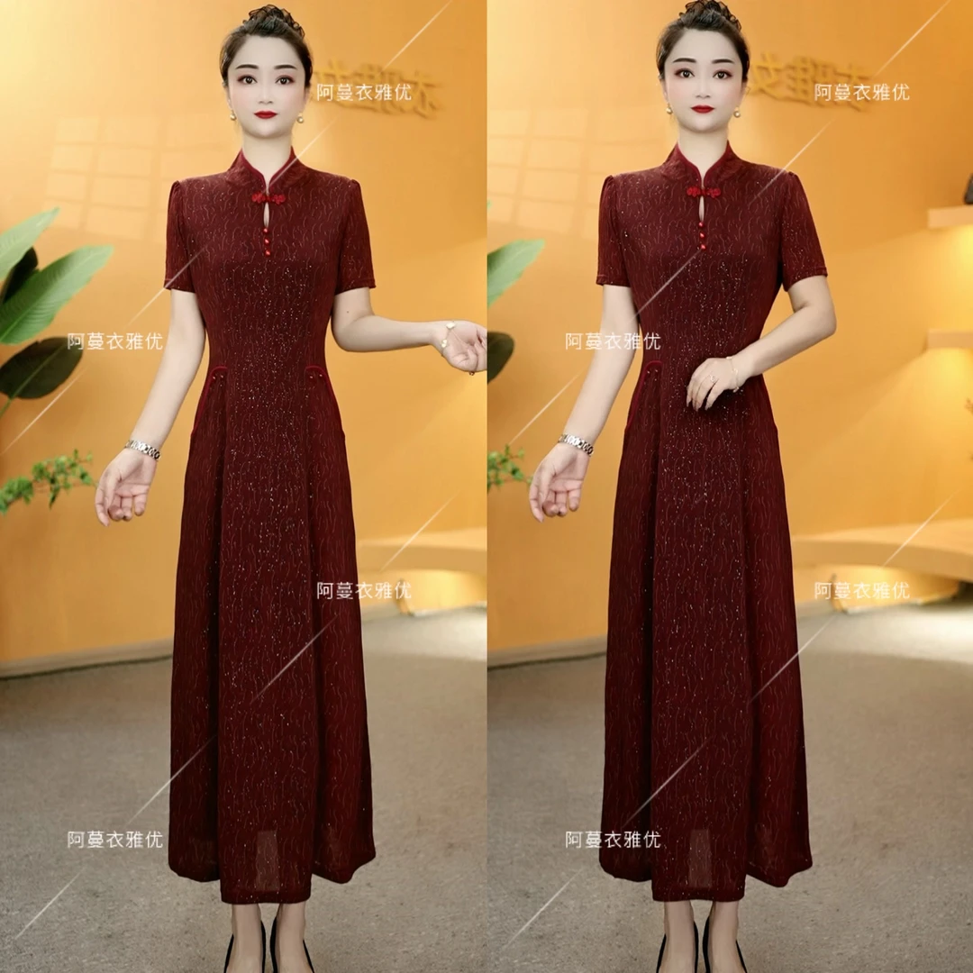 【衣雅严选】8121-2213#新款弹力缎烫金满天星新中式旗袍连衣裙