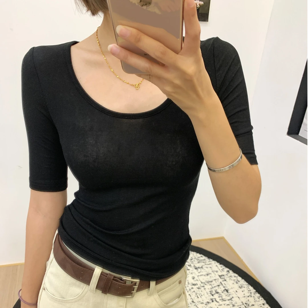 黑色u领中袖正肩T恤女秋季修身收腰内搭打底衫紧身气质五分袖上衣