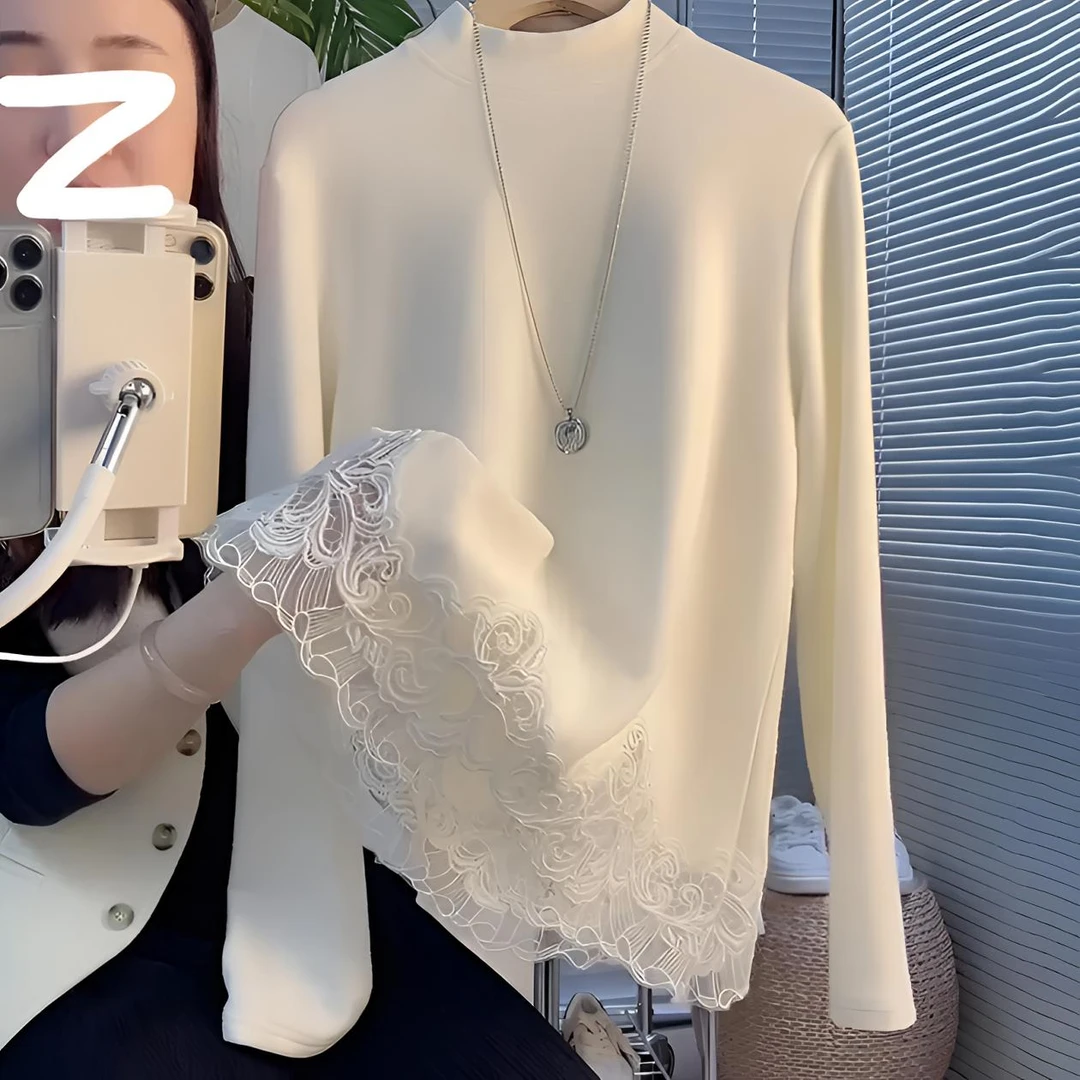 双面德绒打底衫洋气内搭女秋冬季2025新款蕾丝边上衣白色长袖t恤