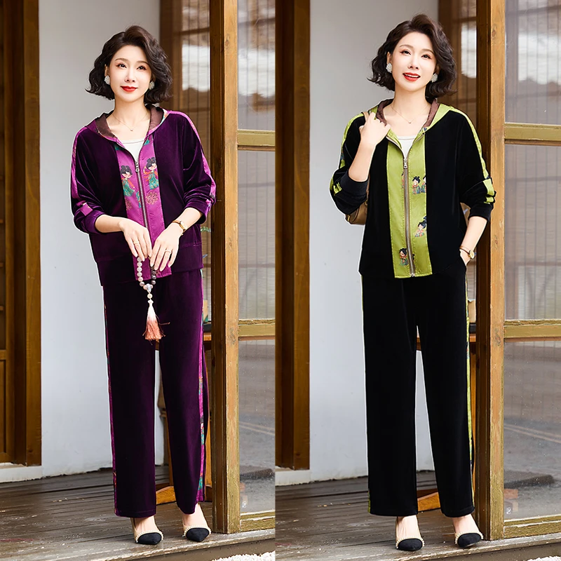 妈妈装中老年人连帽套装春秋运动休闲两件套装女2025新款