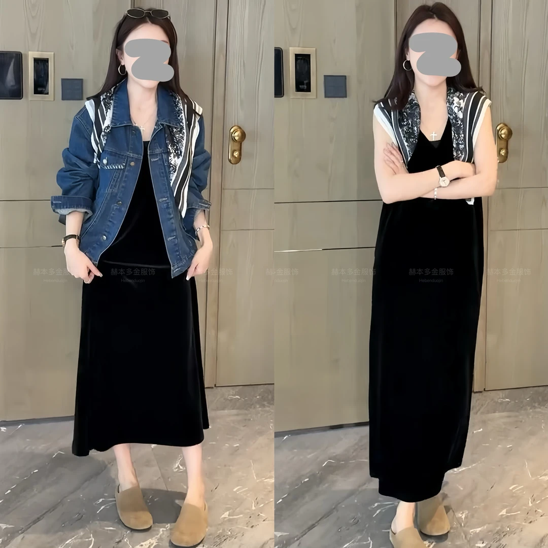 痞帅炸街风女装2025早秋V领丝绒连衣裙显瘦百搭牛仔外套气质套装