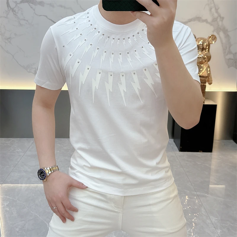 度尚-欧版男士夏季新款丝光棉印花轻奢时尚潮流个性圆领百搭短袖