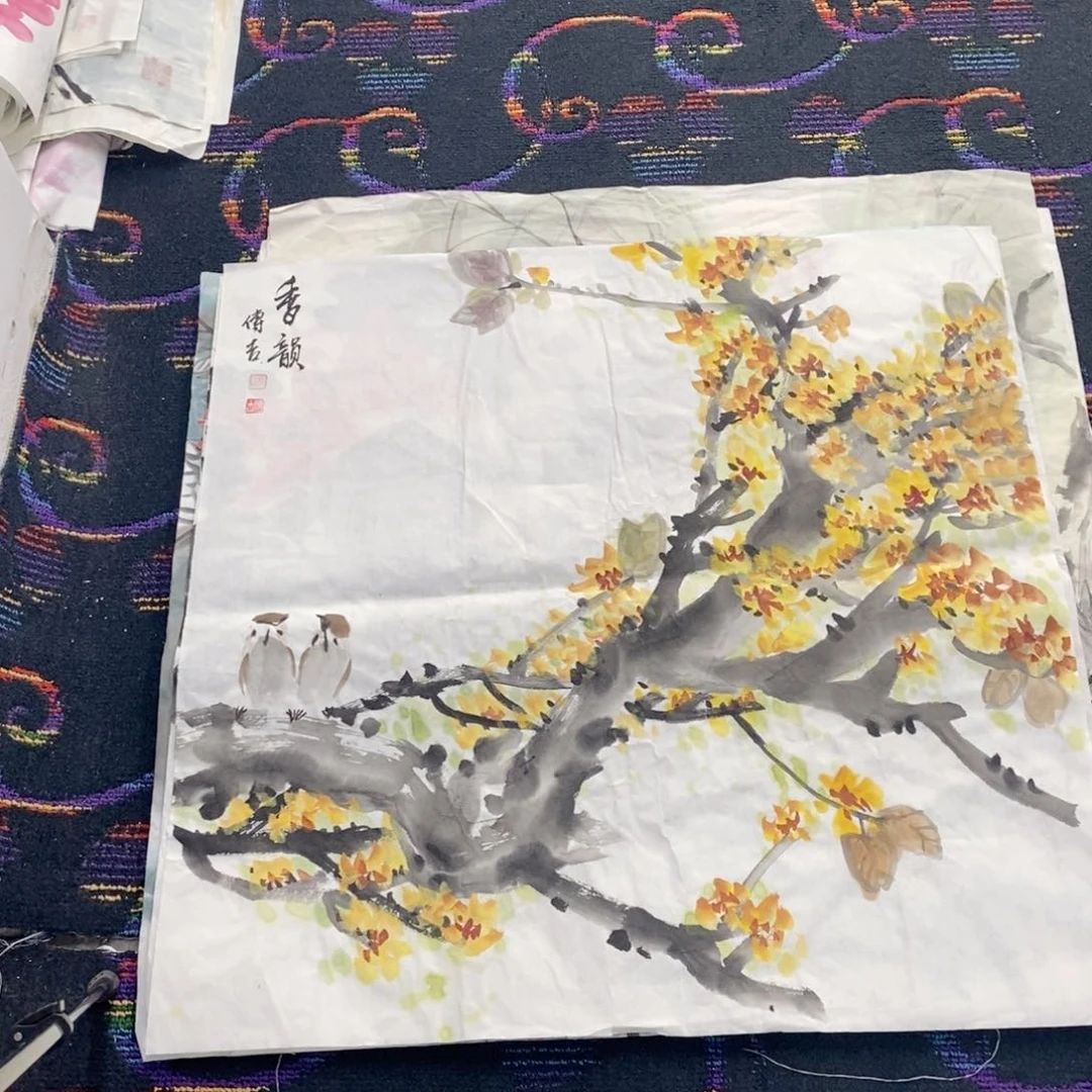 国画斗方花鸟作品曈