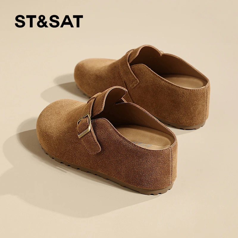 星期六女鞋旗舰店勃肯鞋2025秋冬加绒一脚蹬半包拖鞋厚底内增高鞋