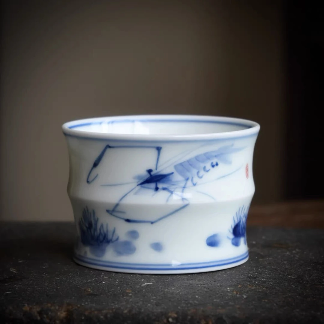 景德镇青花瓷虾趣主人杯纯手绘茶杯陶瓷品茗杯小号家用单杯竹节杯
