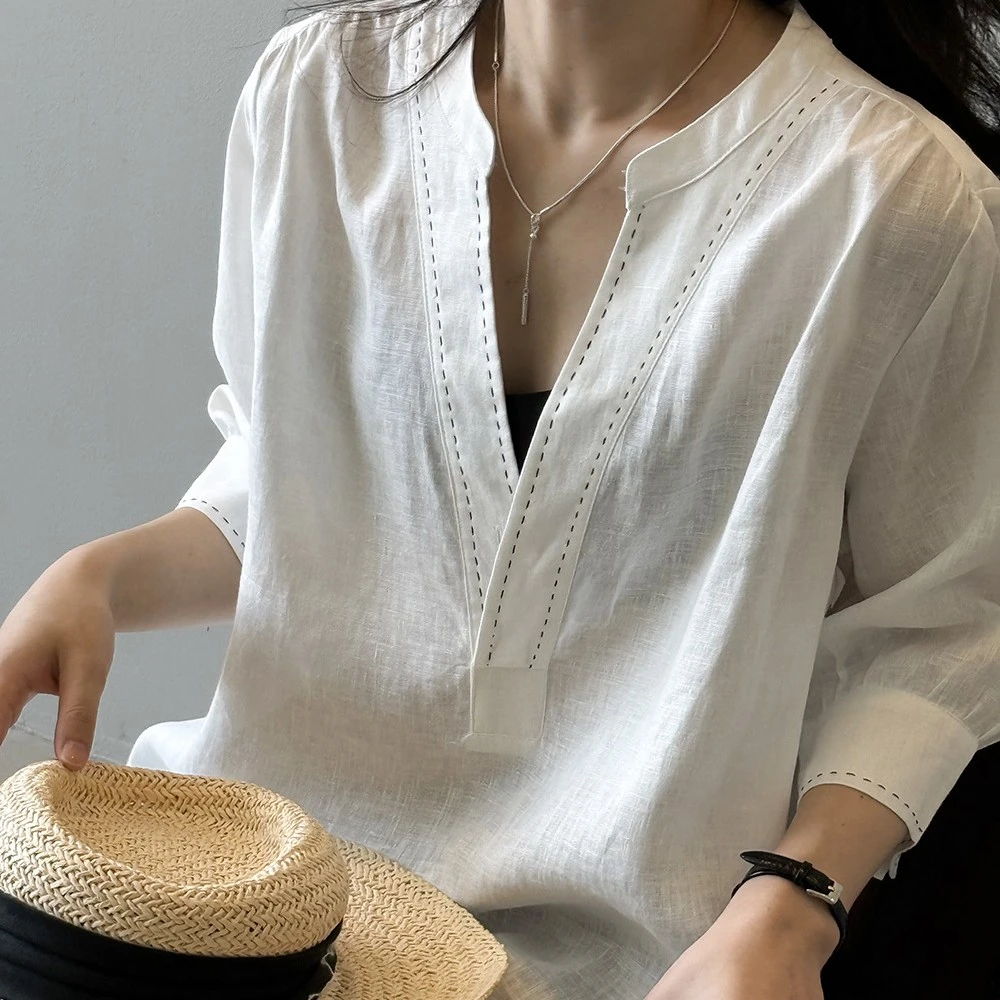 夏季松弛感亚麻中式风宽松v领衬衫