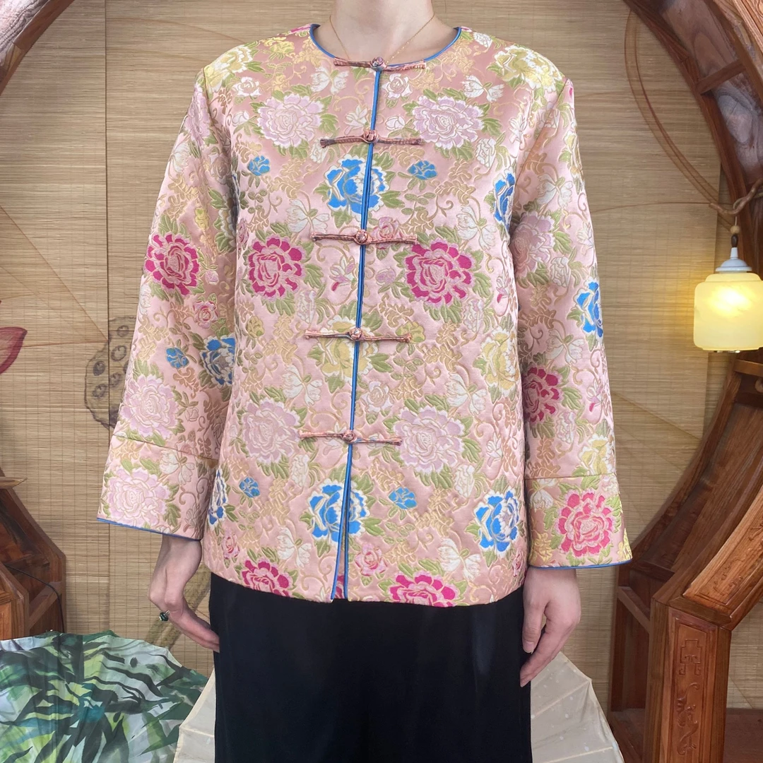 妆花云锦100桑蚕丝粉底牡丹花开太太服新中式