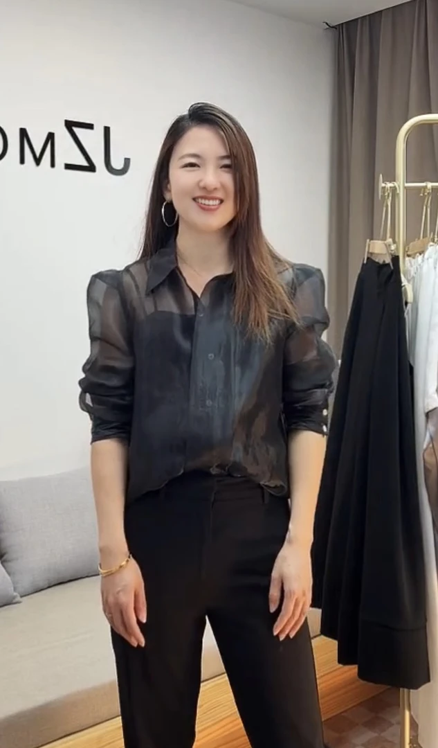 春夏 微醺黑咖衬衫 长袖微透百搭开衫外套立领