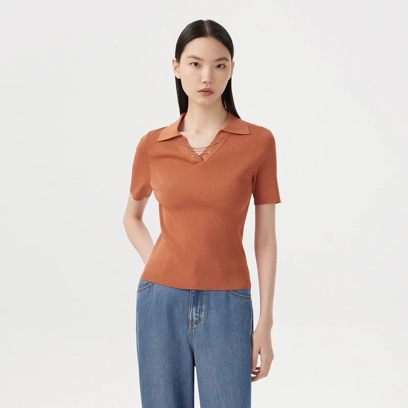 LANCY/朗姿【专柜同款】套头短袖针织衫女法式复古针织衫