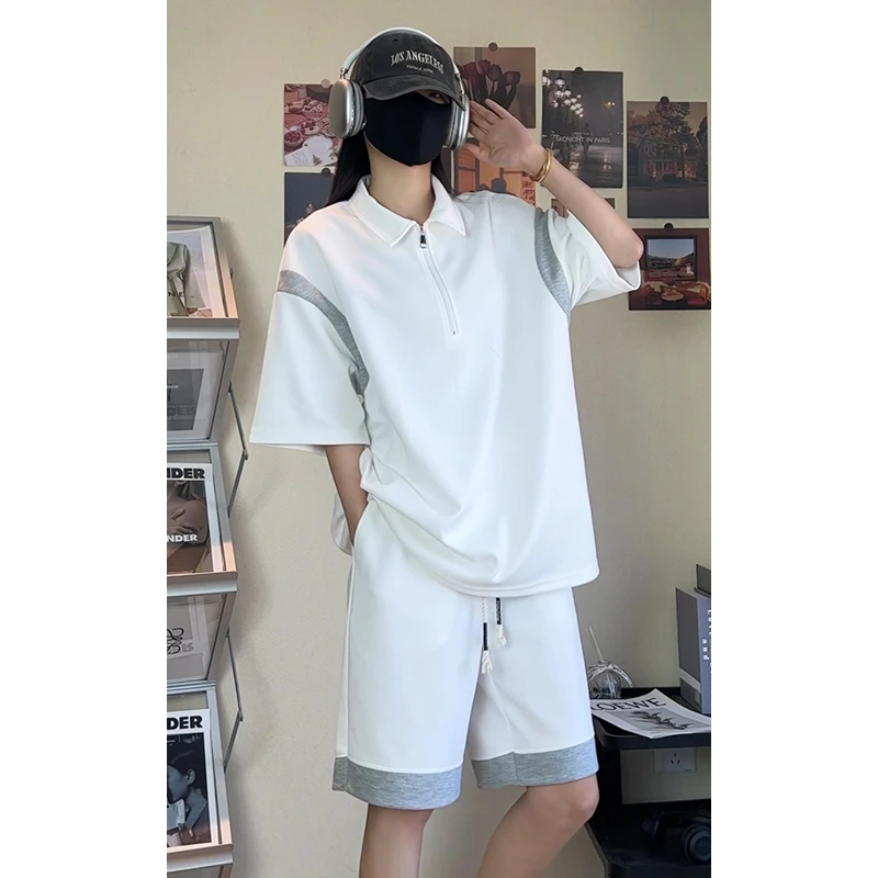新款休闲时尚套装夏季简约拉链polo百搭宽松高级感短袖短裤两件套