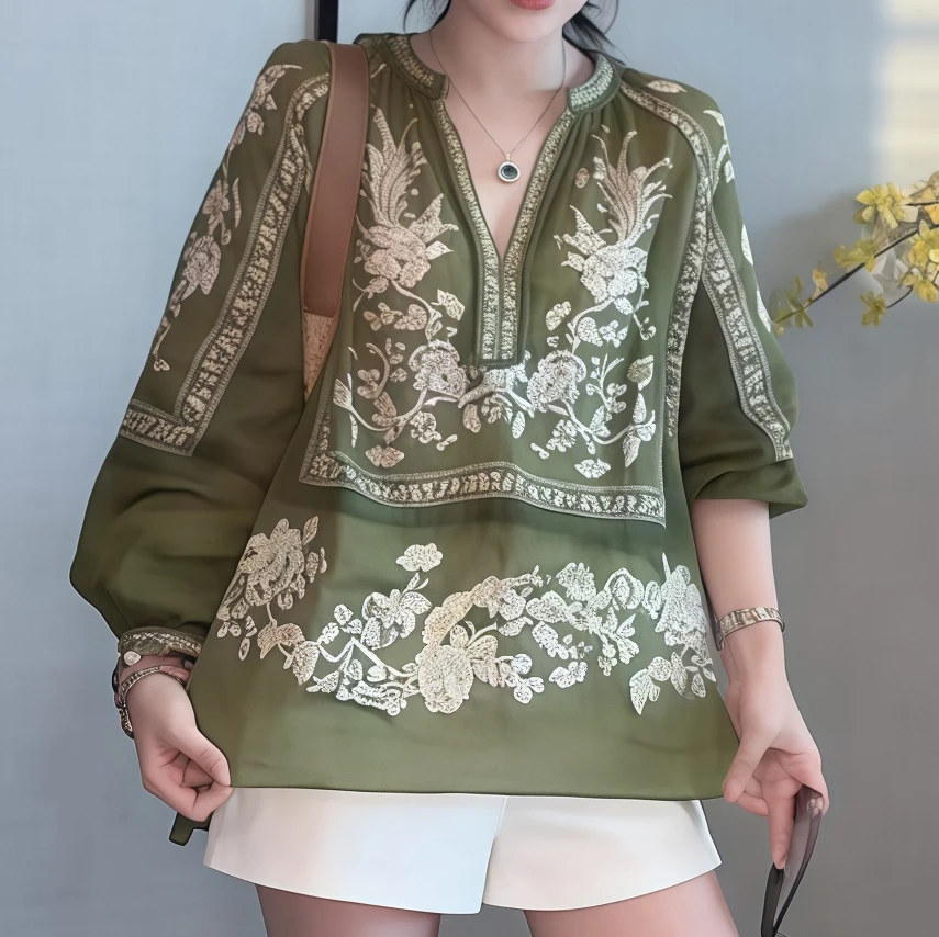 2025新款新中式复古民族风绿色V领衬衫女宽松长袖洋气时尚上衣潮