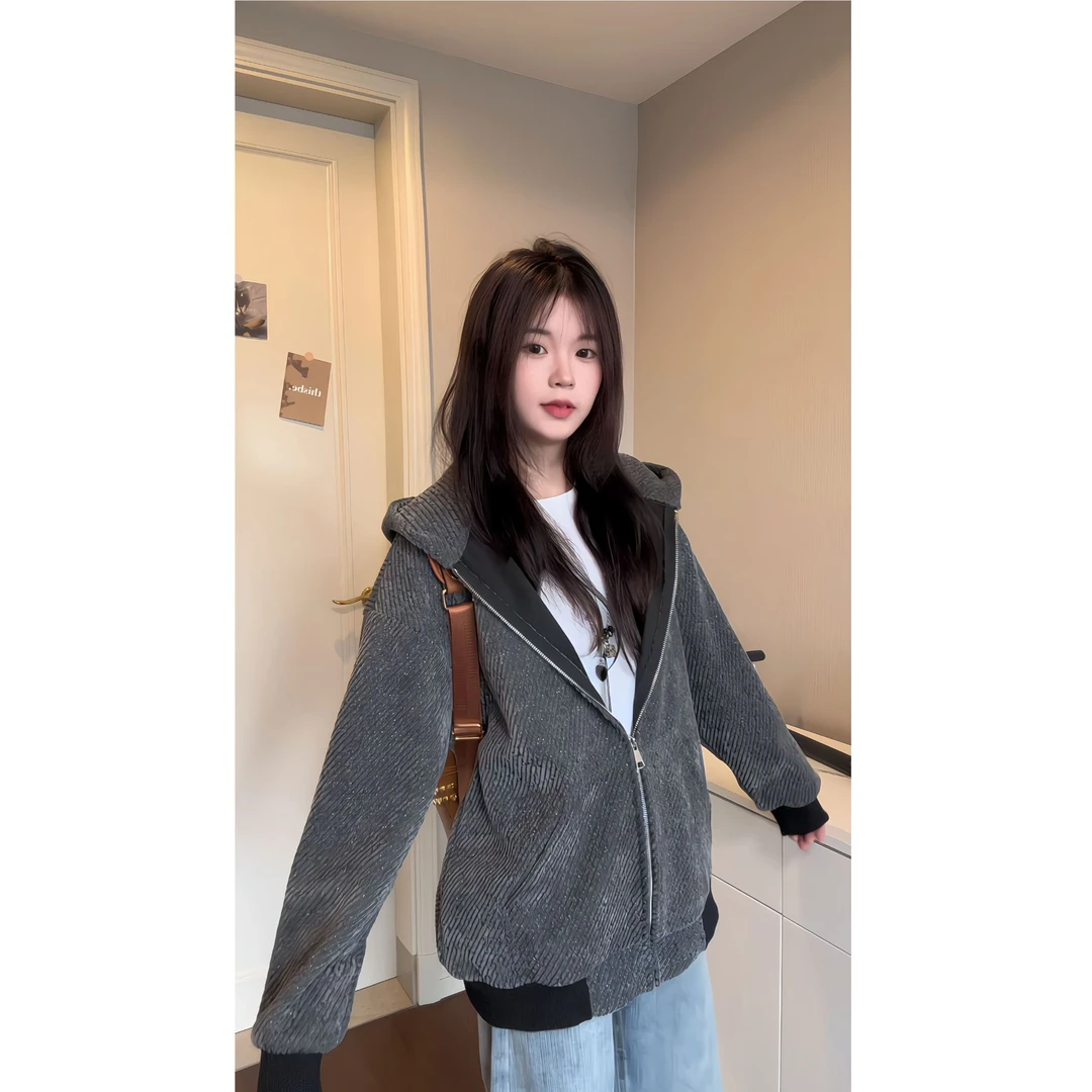 针织感小香风拉链开衫连帽卫衣男款秋冬季宽松无性别穿搭潮牌外套