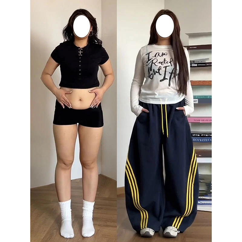 300斤特大码美式条纹阔腿弯刀裤女秋季新款胖mm遮肉显瘦运动卫裤
