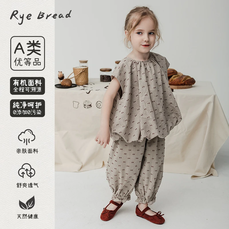 ryebread/黑面包童装 韩系女小童无袖娃娃衫休闲裤套装 5夏