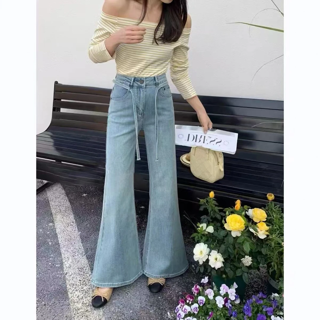 复古浅蓝色抽绳微喇叭牛仔裤女春季韩系高腰宽松直筒喇叭拖地裤子