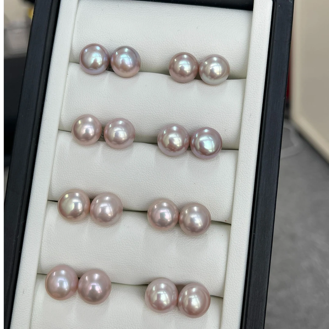 【极光银紫】淡水无核珍珠耳钉9-10mm高胖馒头极光冷色调S925银耳针