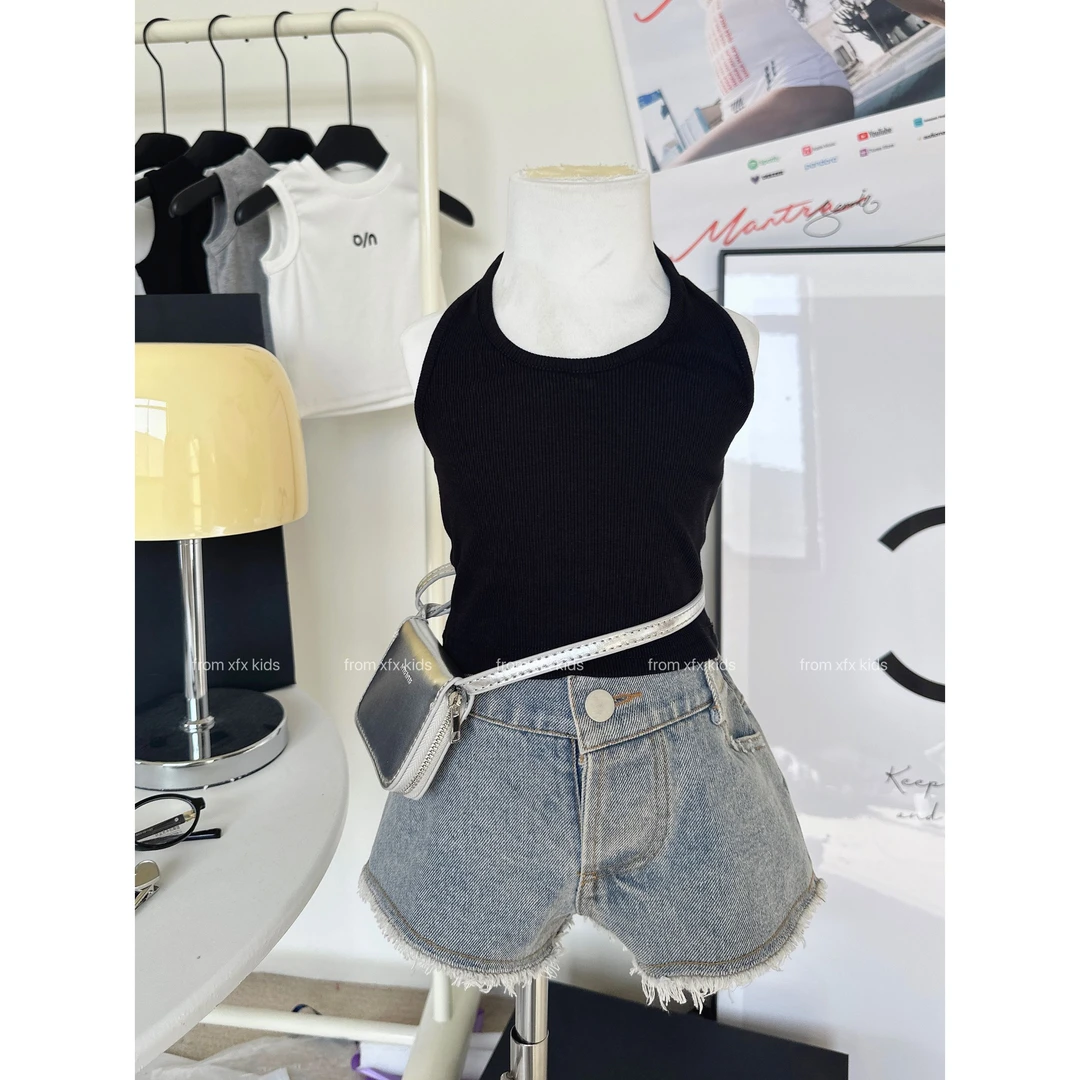 Bmy2025ss 女童2025夏季新款韩版辣妹挂脖吊带百搭休闲牛仔短裤套