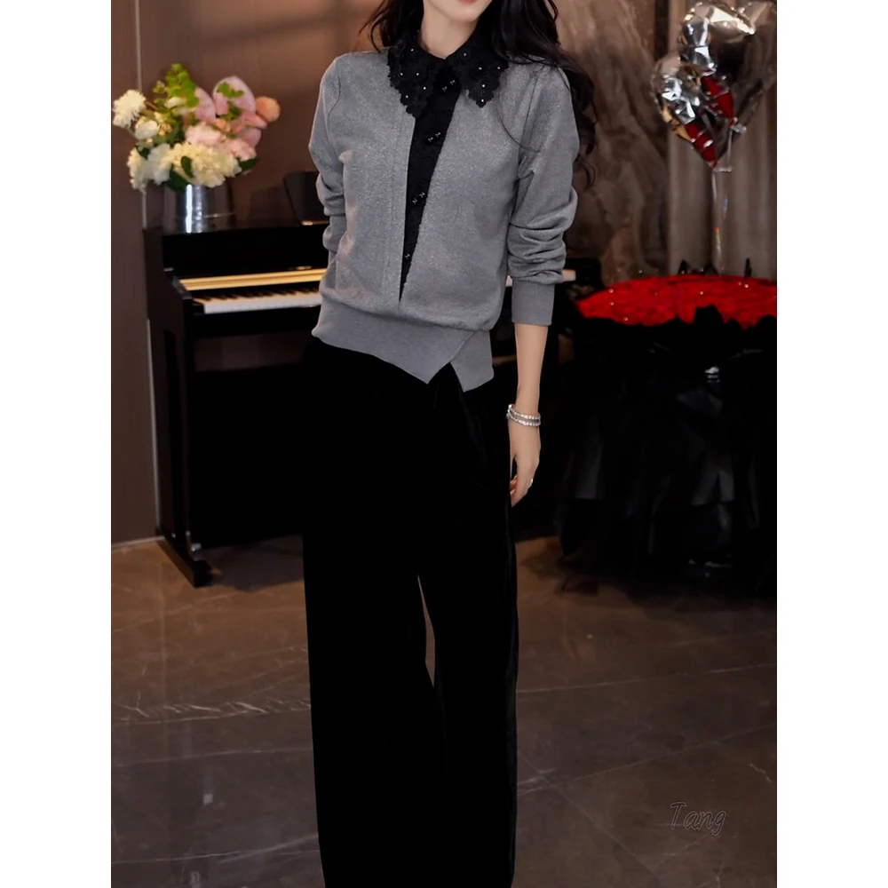 时尚洋气裤套装女2025秋季新款韩系减龄百搭假两件卫衣+丝绒裤子