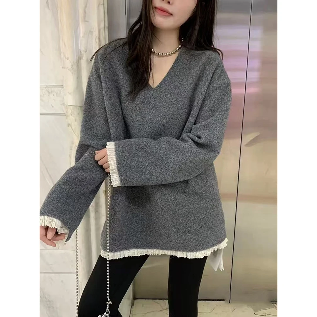 清AF初沫 1913 韩版蕾丝拼接假两件V领加厚毛呢上衣大版T恤打底衫