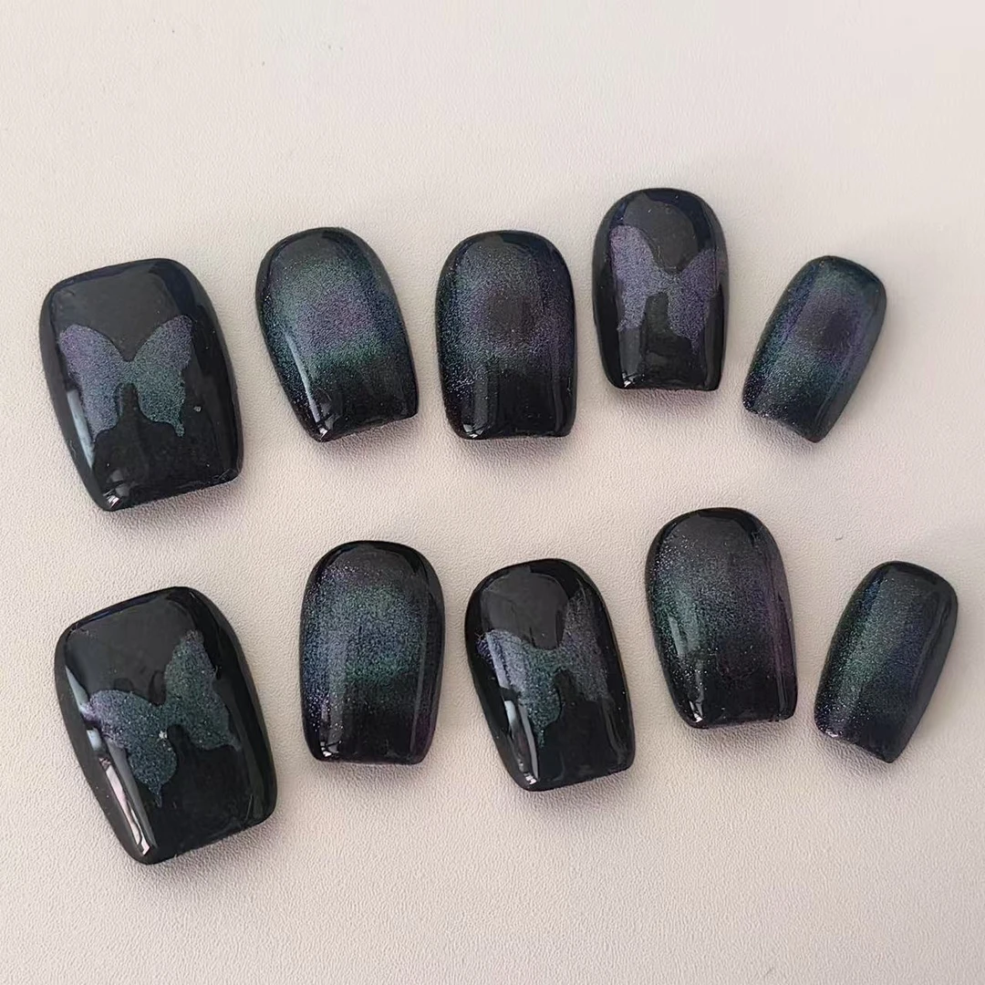 短方圆甲裸色系 粉紫极光变色猫眼 显白日常 纯手工穿戴甲气质