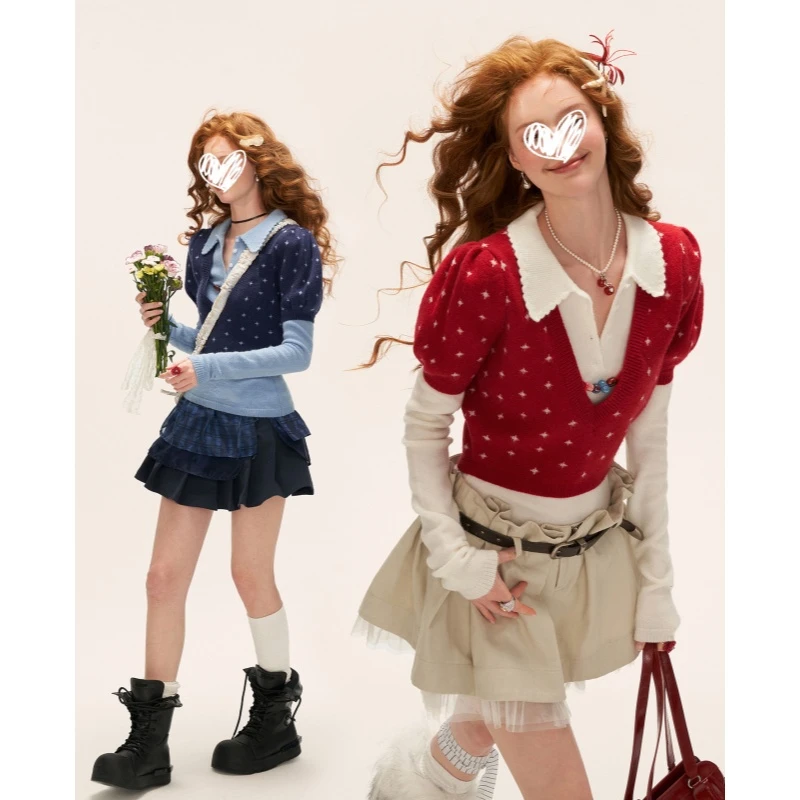 复古钩花v领泡泡袖修身温柔甜美毛衣秋冬季新款针织衫上衣女01716