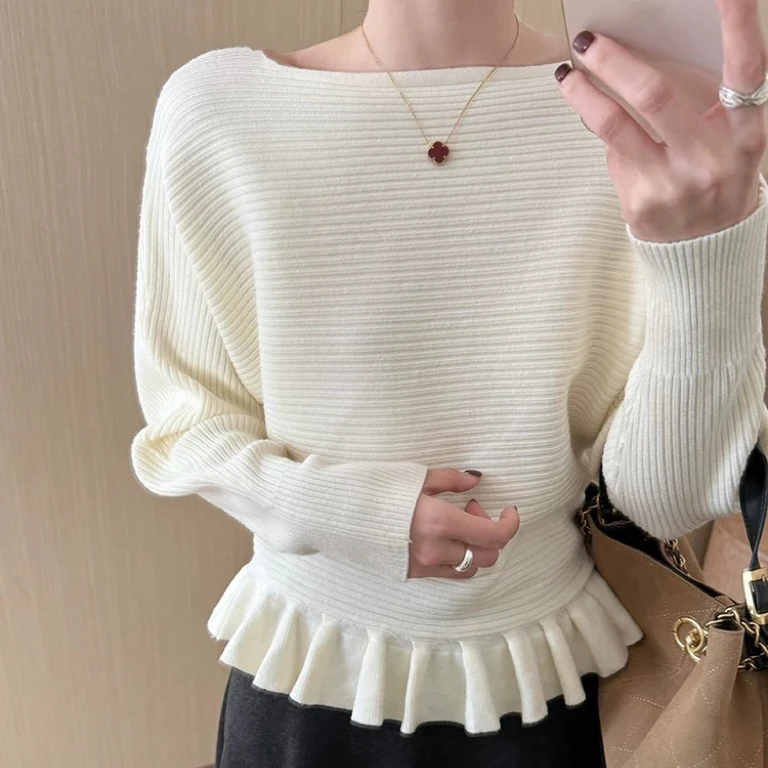法式高级感收腰系带针织衫女冬季设计感显瘦荷叶边下摆打底上衣