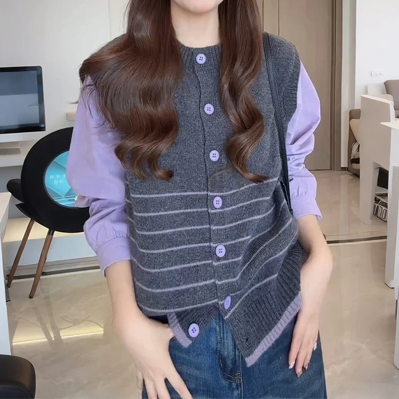 设计感圆领单排扣假两件针织开衫女2025冬季新款宽松显瘦减龄上衣