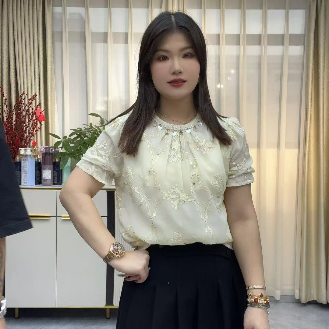 小鑫肝@南韩高货重工国风设计蕾丝拼接提花亮片百搭衬衫 25035