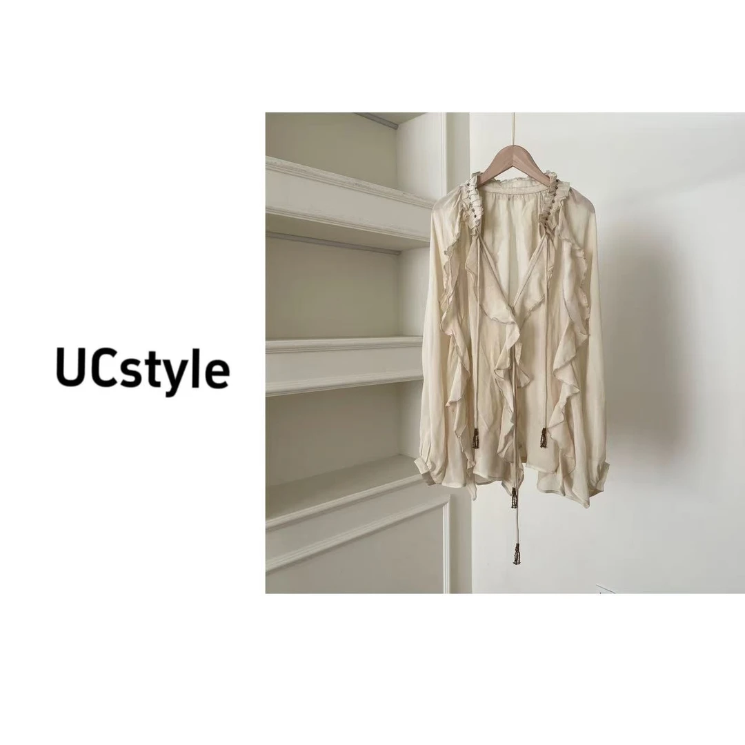 A7323仙气飘飘叠层装饰木耳边长袖衬衫上衣主播穿S码