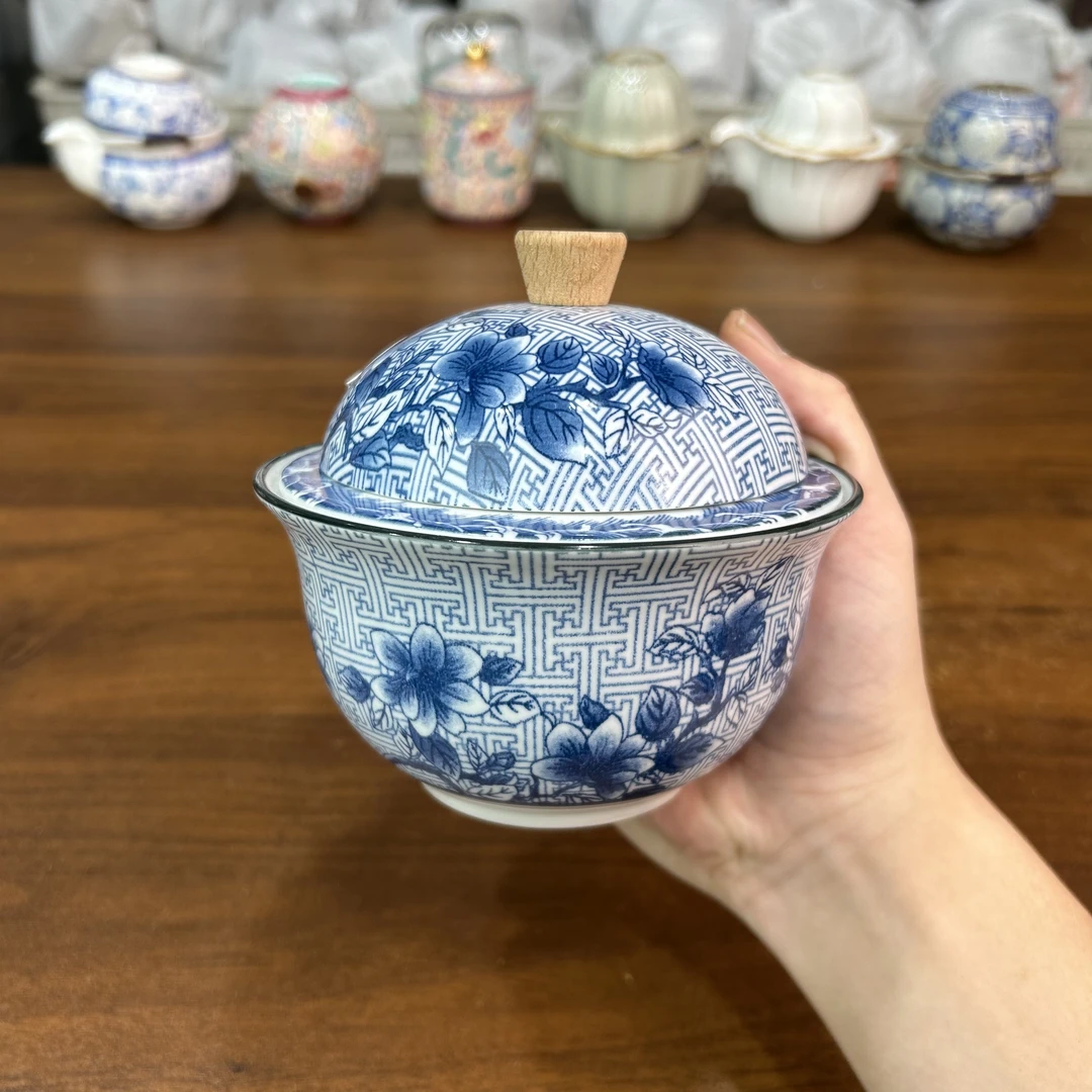 D243-青花万福带盖烟灰缸防尘防灰还能当茶渣罐