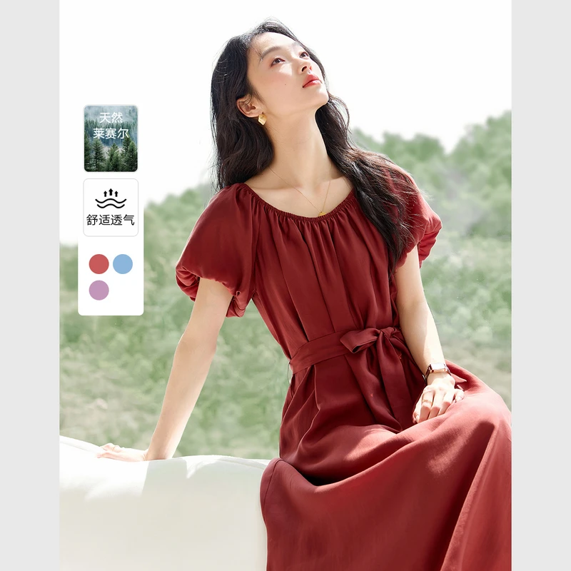 *法式圆领连衣裙女2025夏季新款泡泡袖收腰显瘦气质裙M9655