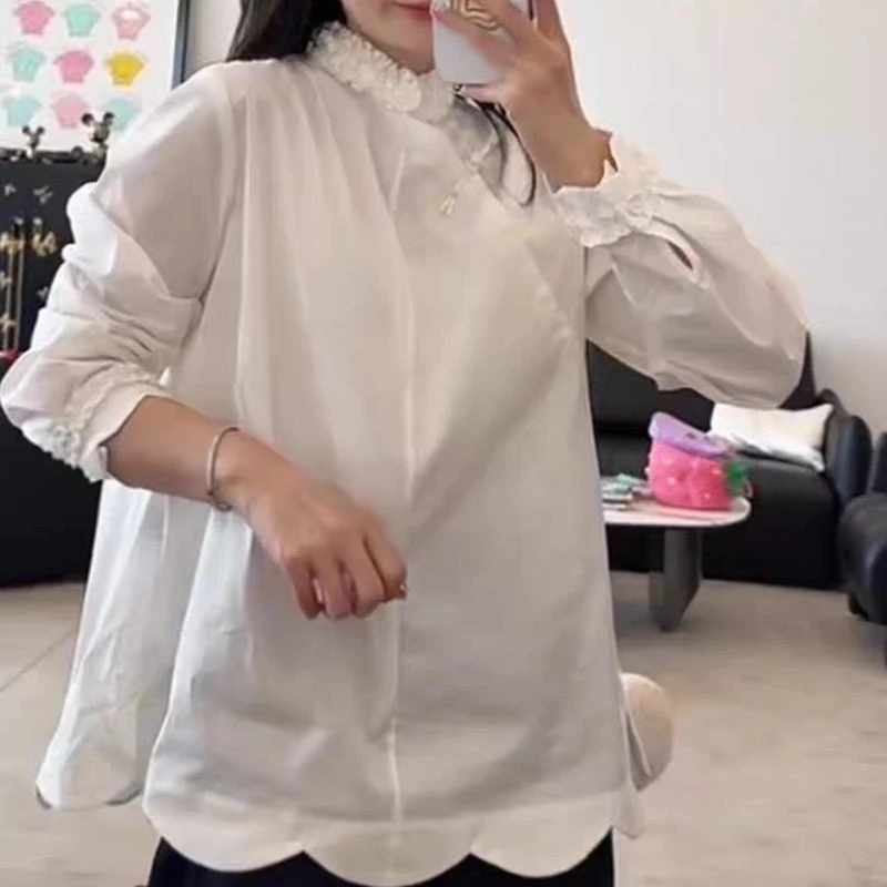 深圳南油复古新中式秋国风立体木耳边叠穿上衣百搭显瘦纯棉白衬衫