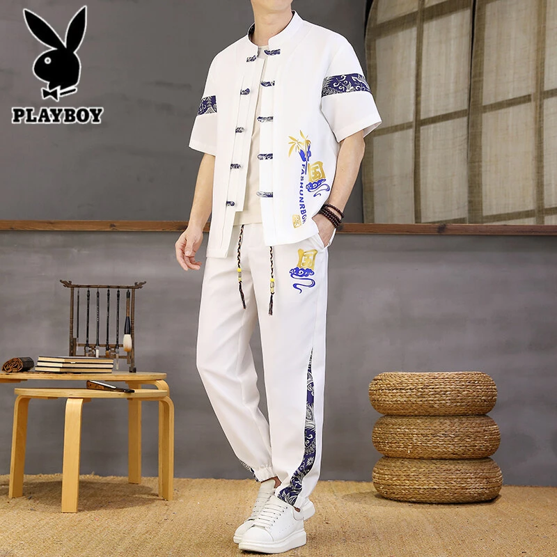 短袖衬衫套装男士夏季新款中国风休闲长裤潮牌薄款宽松搭配两件套