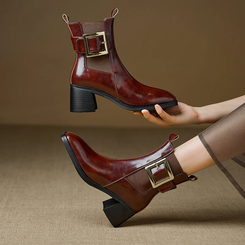 马油牛皮/6厘米跟高/方头显脚瘦送进法式潮流皮带扣女鞋短靴