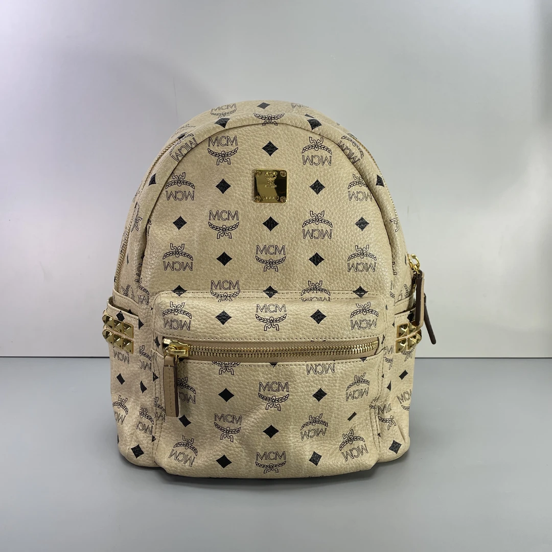 95新 MCM 媚姐/mcm奶茶色中号双肩包26x32x13cmG060309