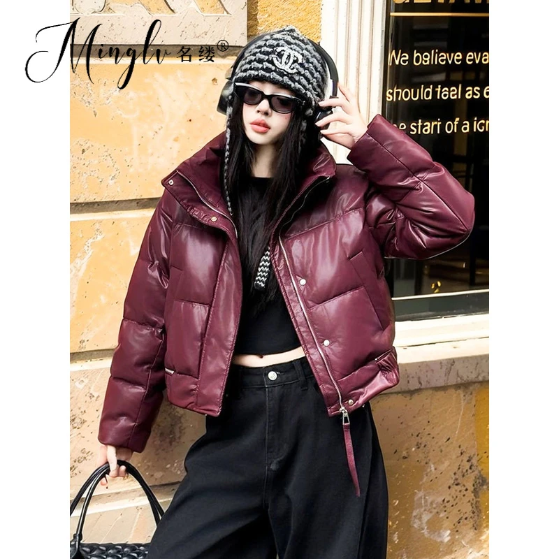 名缕女装2025冬季高端时尚酒红色小个子高腰短款设计感羽绒服外套