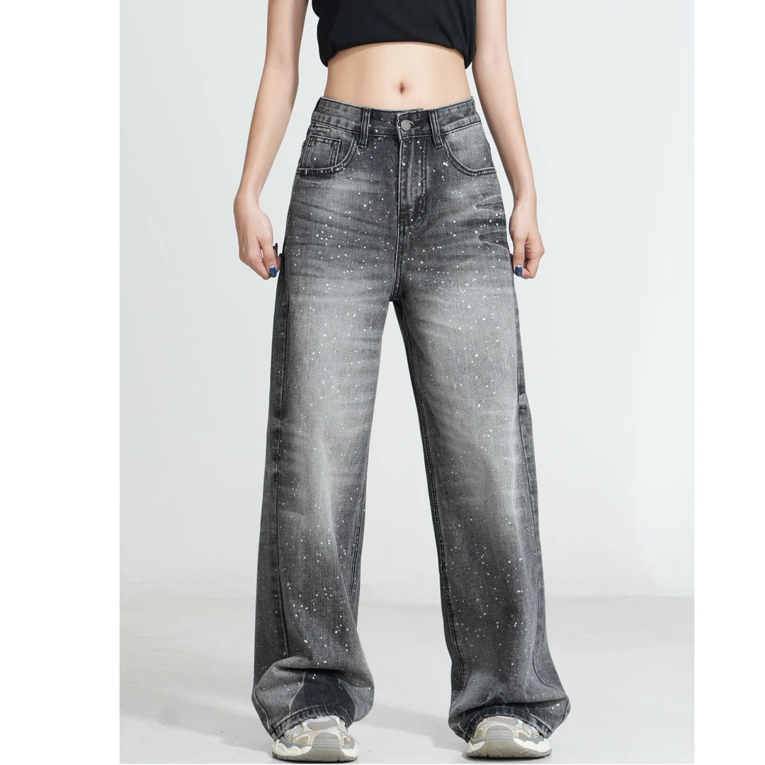 【TO&HR.GIRL】TFC033Y-黑色美人鱼高级感阔腿带细闪宽松牛仔裤女