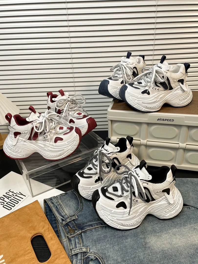 巴黎真皮小个子增高8cm老爹鞋女韩版拼色厚底圆头百搭休闲运动鞋