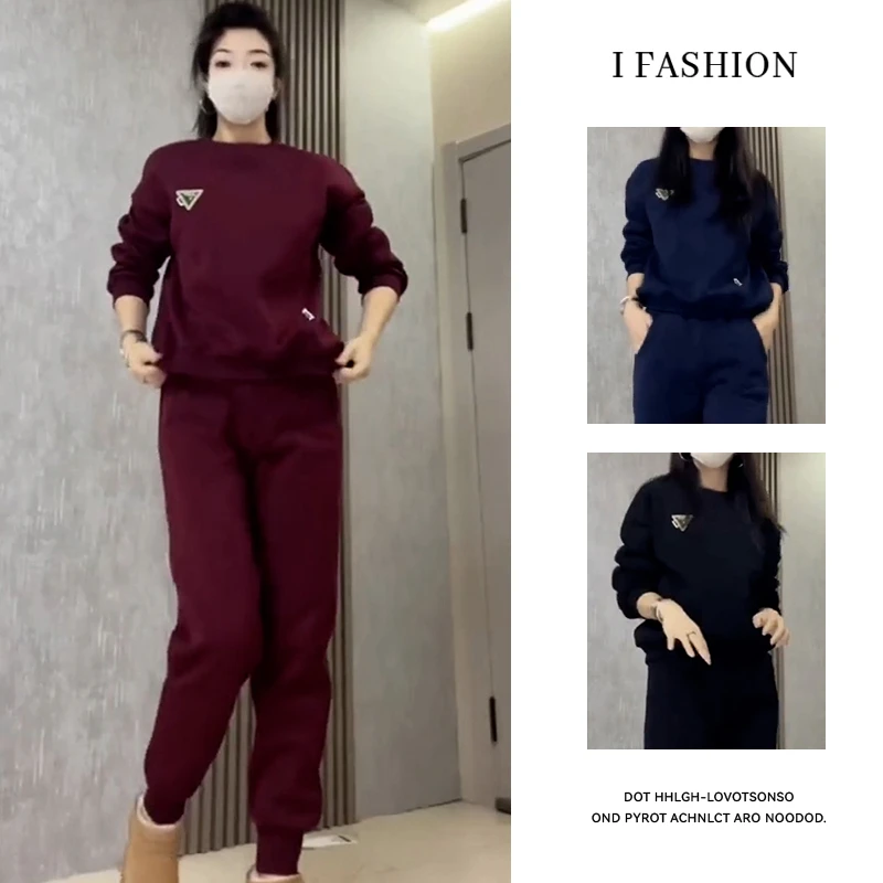 高含棉时尚套装女2025年冬季新款加绒加厚卫衣卫裤休闲气质两件套